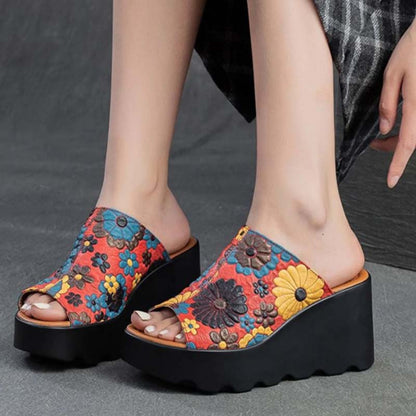 Embroidery Wedge Slippers