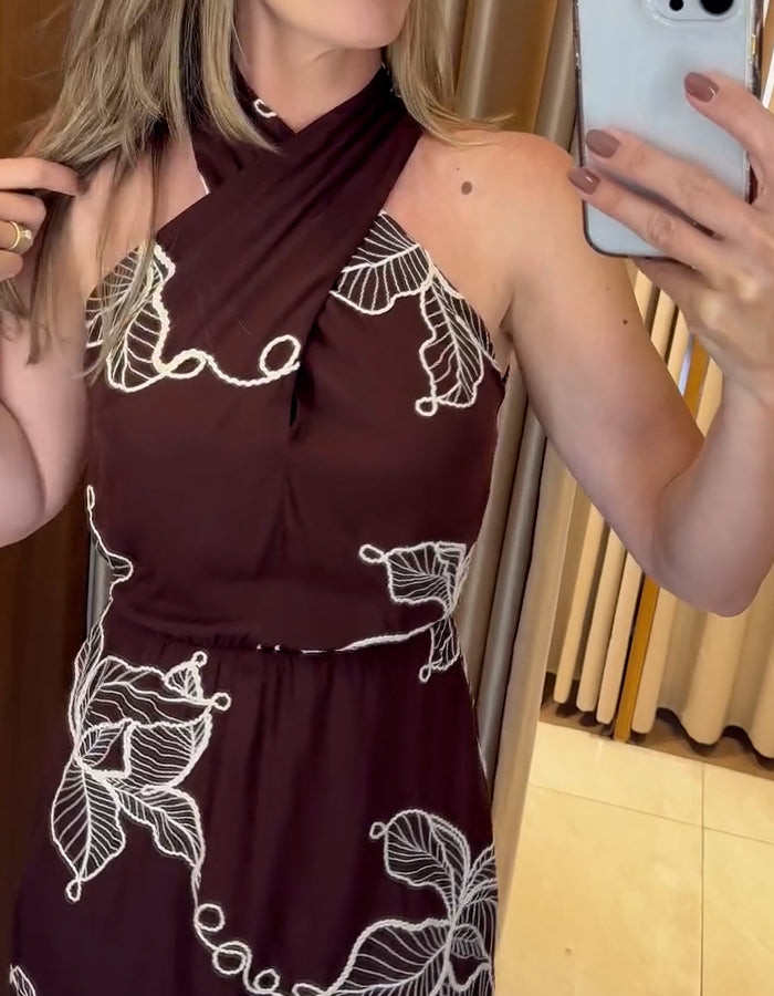 Embroidered Cross Halter Dress