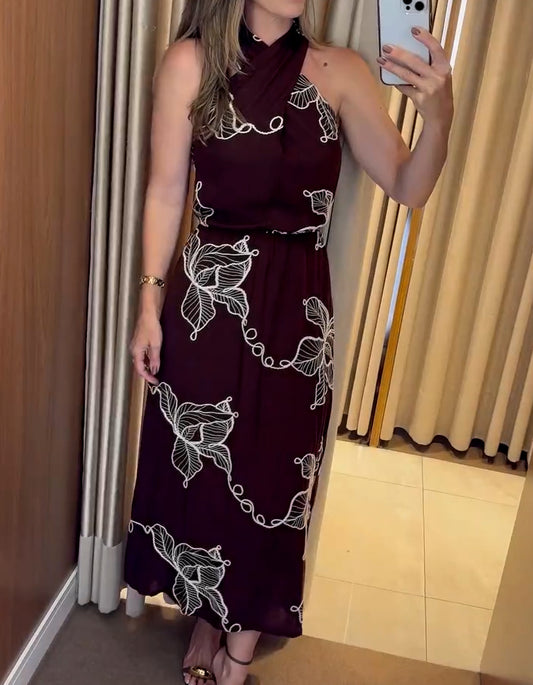Embroidered Cross Halter Dress