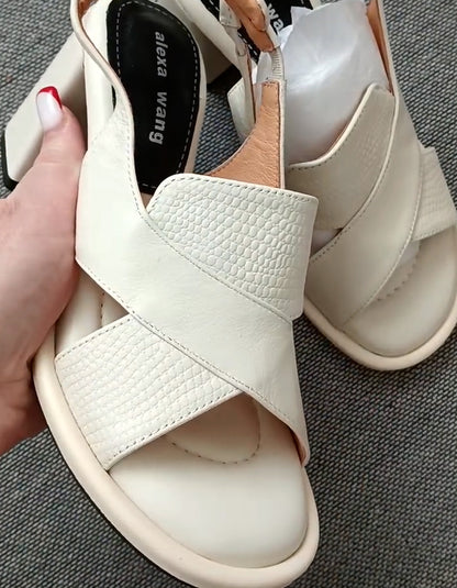 White Leather Thick-Heel Sandals