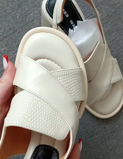 White Leather Thick-Heel Sandals
