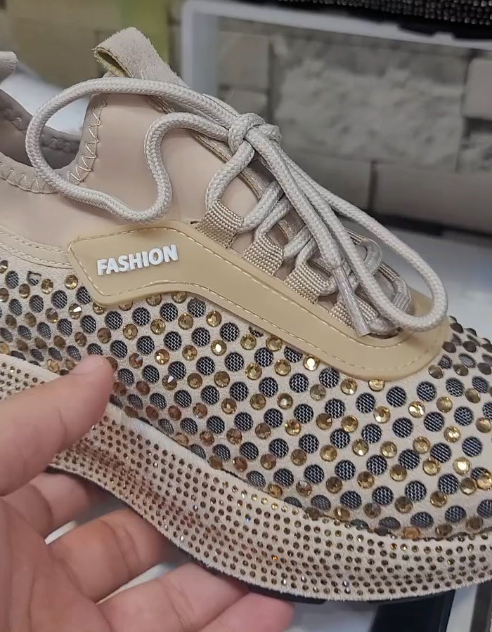 Rhinestone Lace-Up Versatile Sneakers