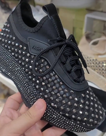 Rhinestone Lace-Up Versatile Sneakers