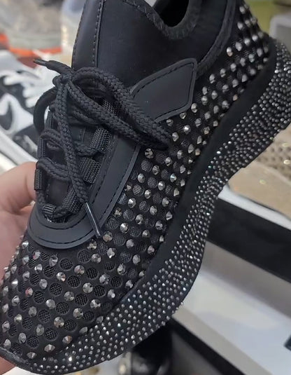 Rhinestone Lace-Up Versatile Sneakers
