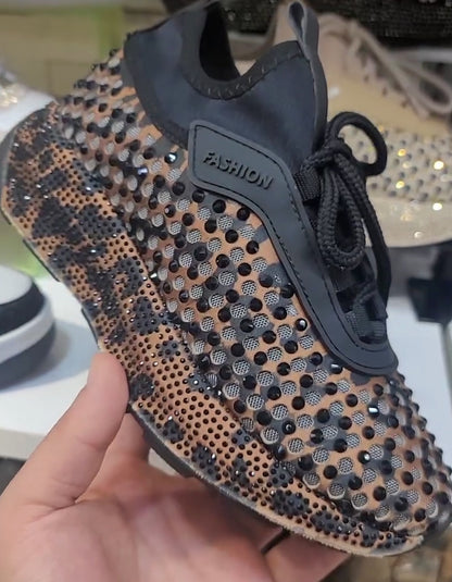 Rhinestone Lace-Up Versatile Sneakers