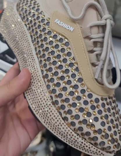 Rhinestone Lace-Up Versatile Sneakers