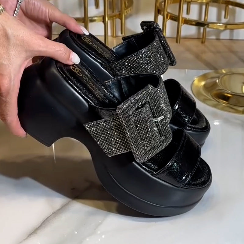 Shiny Buckle Wedge Slippers