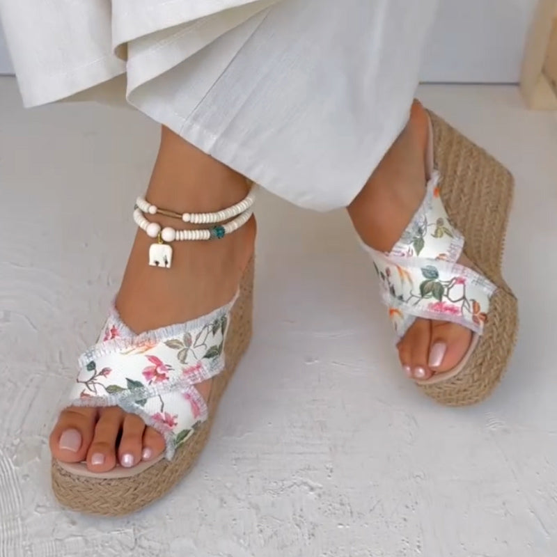 Flowers Wedge Slippers