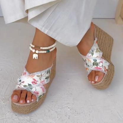 Flowers Wedge Slippers