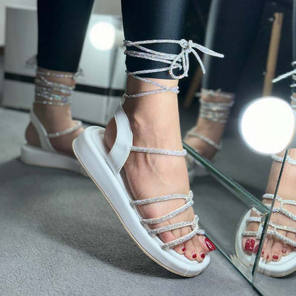 White Shiny Lace-Up Sandals