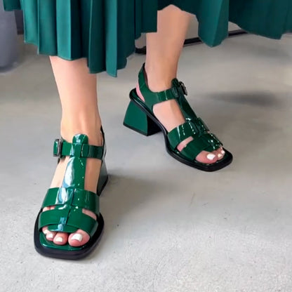 Leather Thick-Heel Sandals