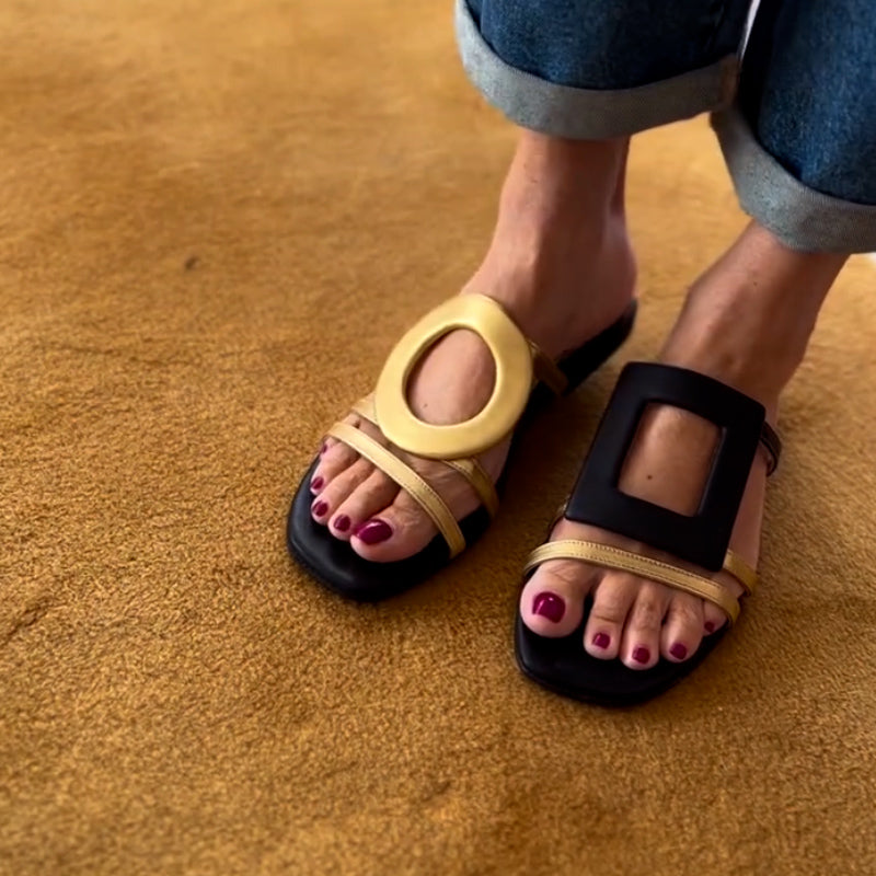 Gold-Black Flat Slippers