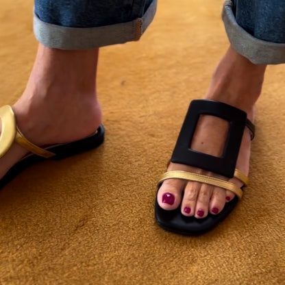 Gold-Black Flat Slippers