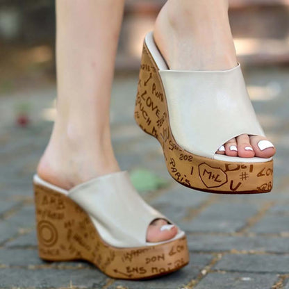 Wedge Leather Print Slippers