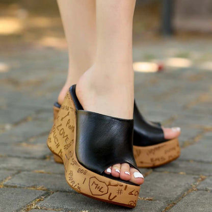 Wedge Leather Print Slippers