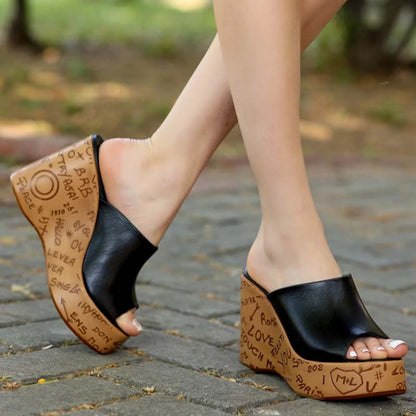 Wedge Leather Print Slippers