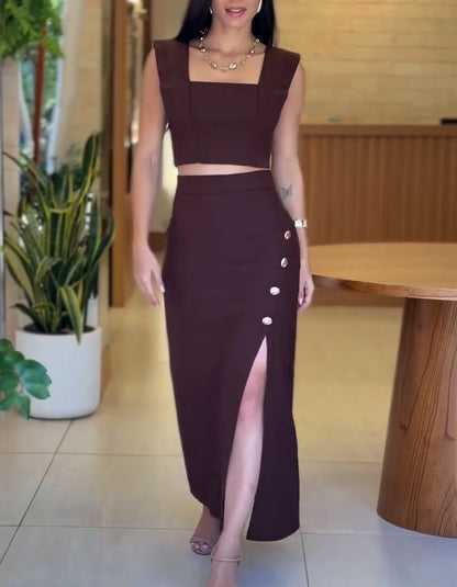 Brown Casual Two-Piece Dress