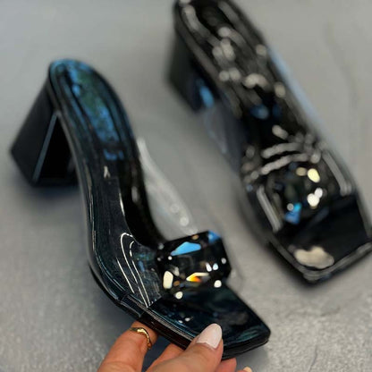 Crystal Thick-Heel Slippers