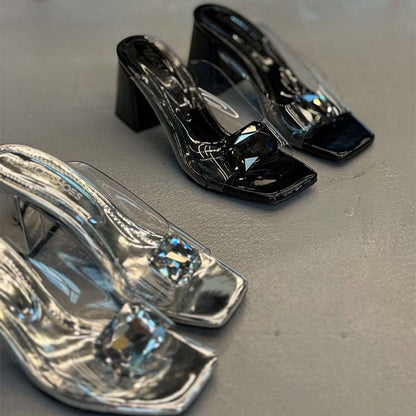 Crystal Thick-Heel Slippers