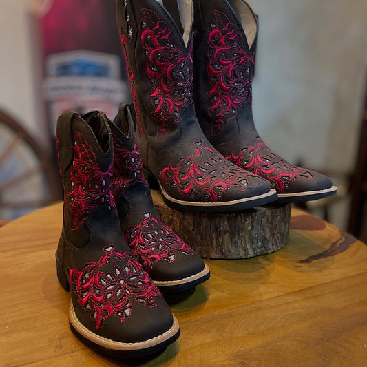 Red Embroidered Mid-Calf Boots