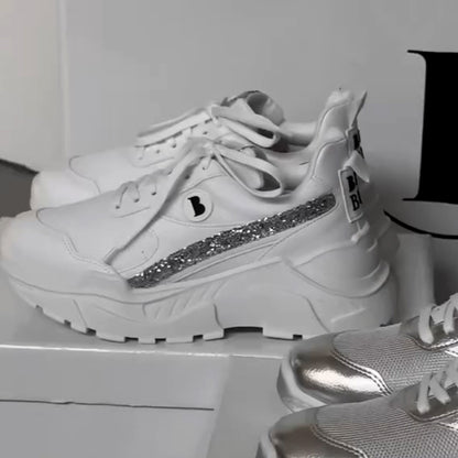 Silver-White Thick-Sole Sneakers