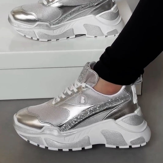 Silver-White Thick-Sole Sneakers