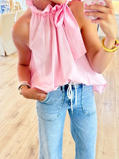 Ruffle Neck Tie Sleeveless Top