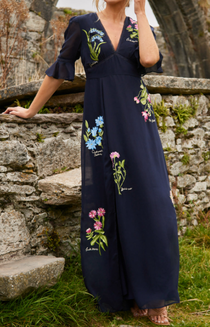 Navy Blue Flower Embroidery Elegant Dress