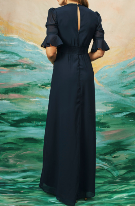 Navy Blue Flower Embroidery Elegant Dress