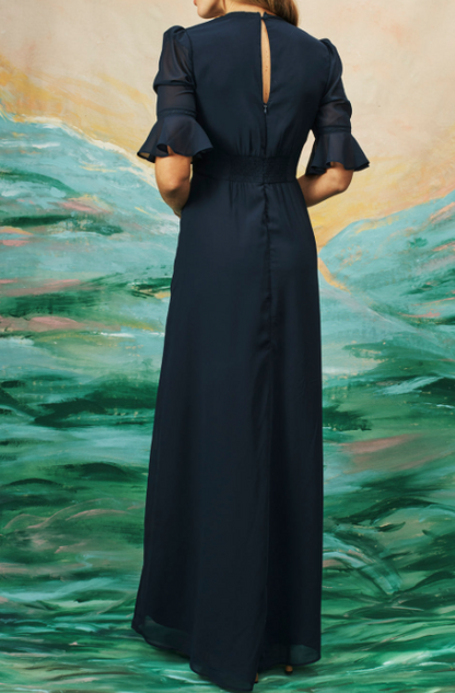 Navy Blue Flower Embroidery Elegant Dress