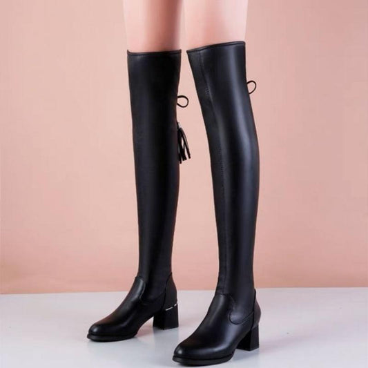 Leather Elastic Slip on Knee Boots