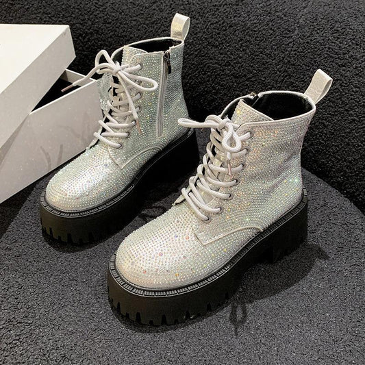 Shine Rhinestone Leather Casual Ankle Boots