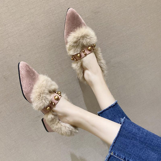 Elegant Furry Pointed Toe Slip-on Shoes