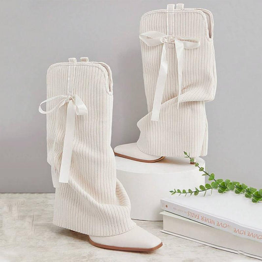 Dreamy Warm Knitted Bow High-Heel Boots