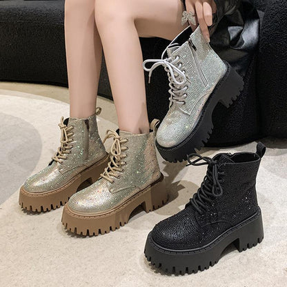 Shine Rhinestone Leather Casual Ankle Boots