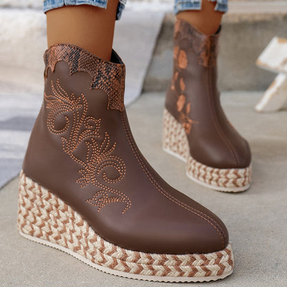 Wedges Embroidered Casual Retro Ankle Boots