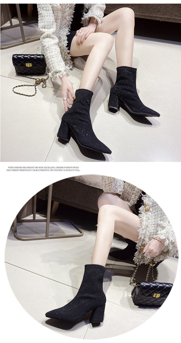 Elastic Knitted Sequins Boots