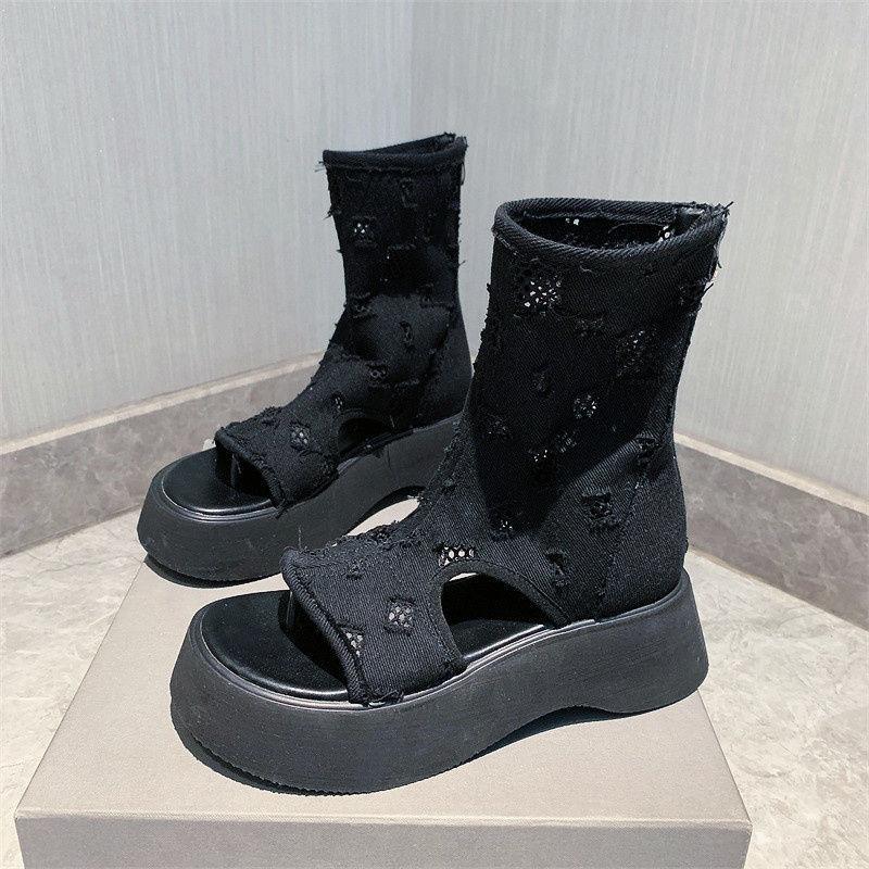 Denim Hollow Open Toe Boots