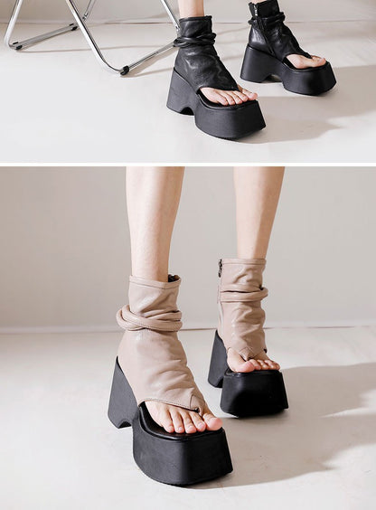 Clip Toe Leather Wedges Vintage Zipper Shoes