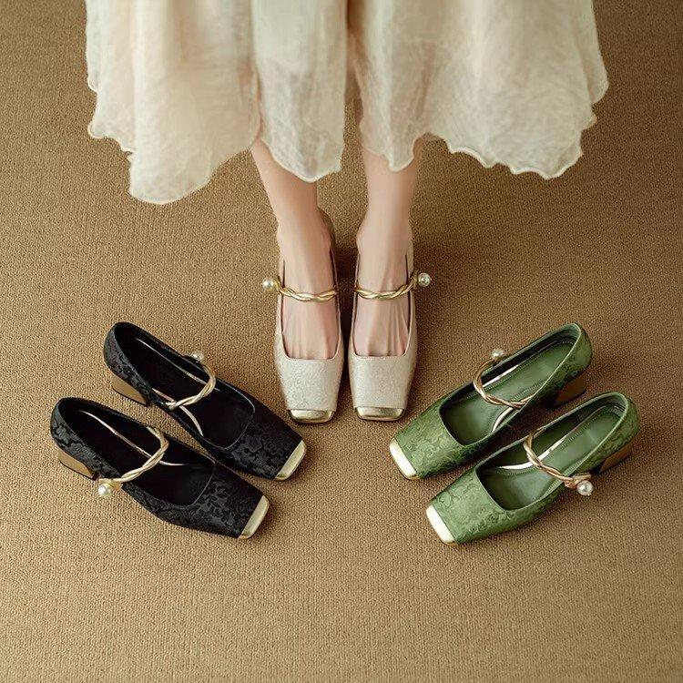 Elegant Pearl Thick-Heel Shoes