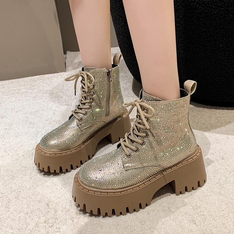 Shine Rhinestone Leather Casual Ankle Boots