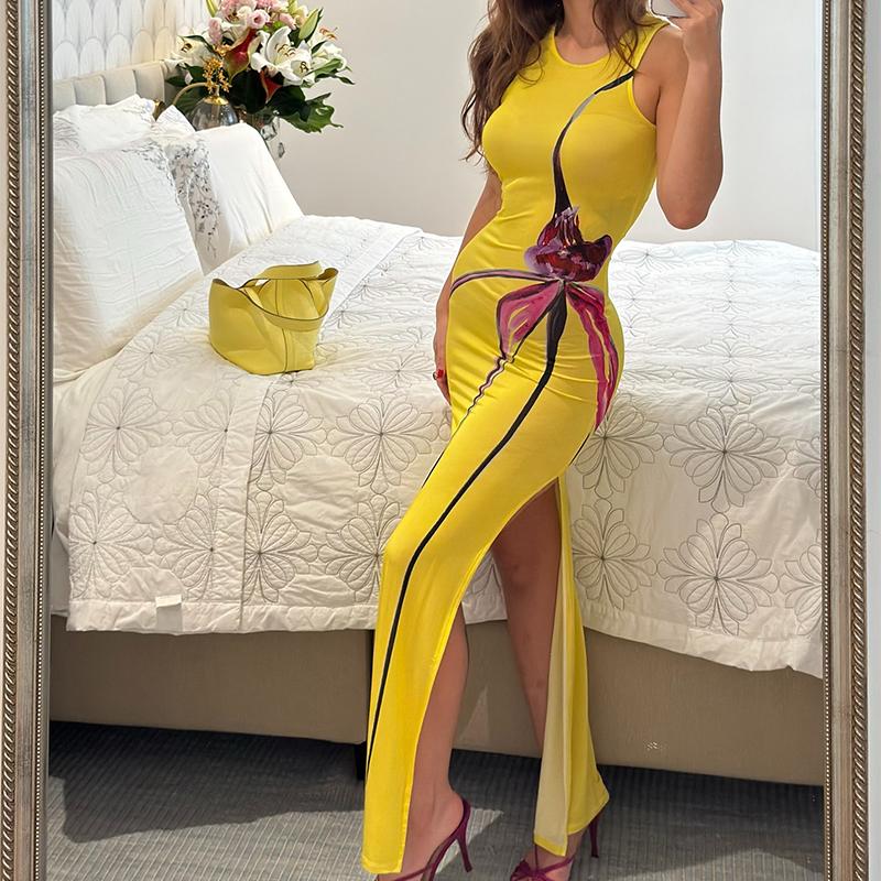 Yellow Printed Slim Dress