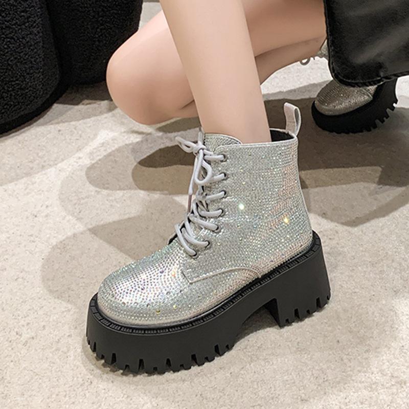 Shine Rhinestone Leather Casual Ankle Boots