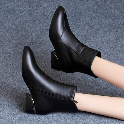 Black Soft Leather Thick Heel Boots