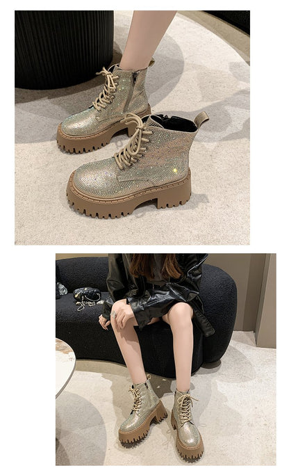 Shine Rhinestone Leather Casual Ankle Boots