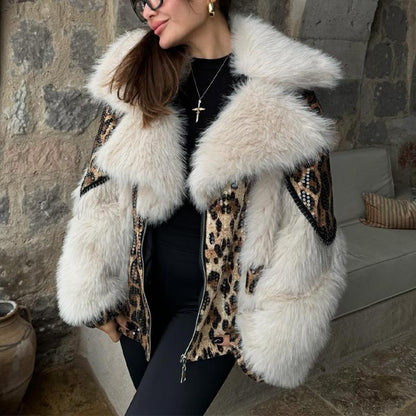 Fur Collar Leopard Coat