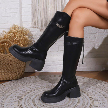 Leather Round Toe Thick Heels Boots