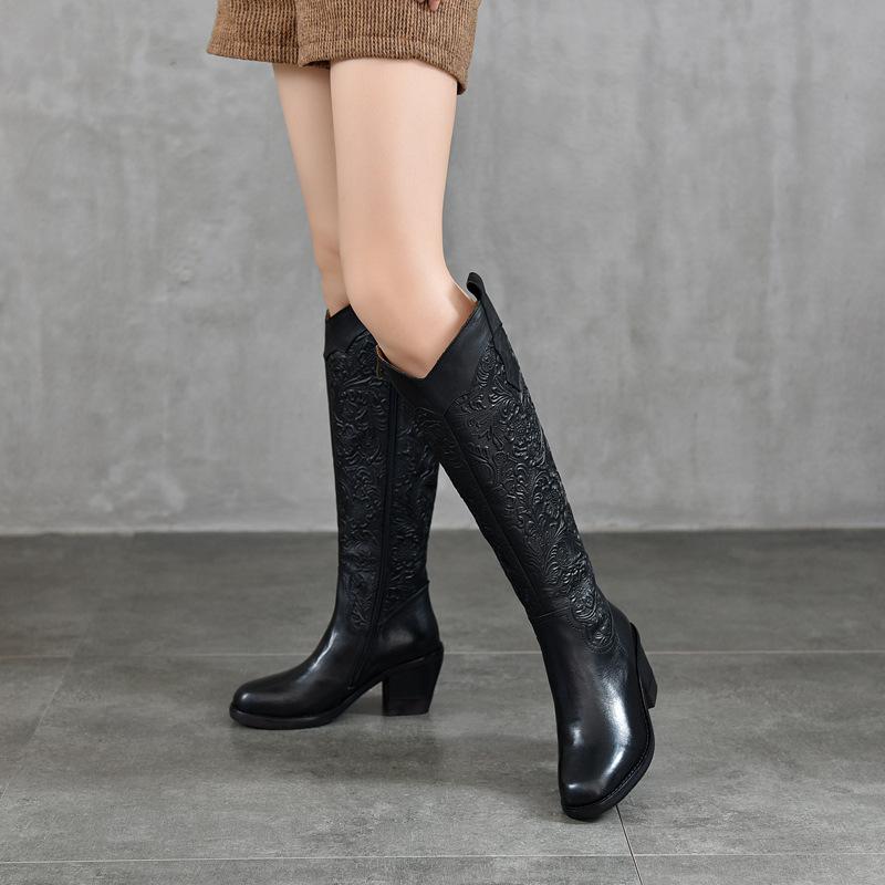 Retro Embossed High-Heel Boots