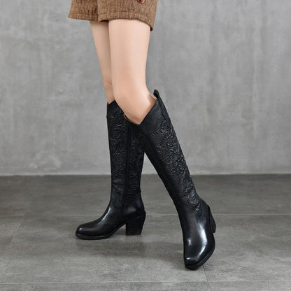 Retro Embossed High-Heel Boots