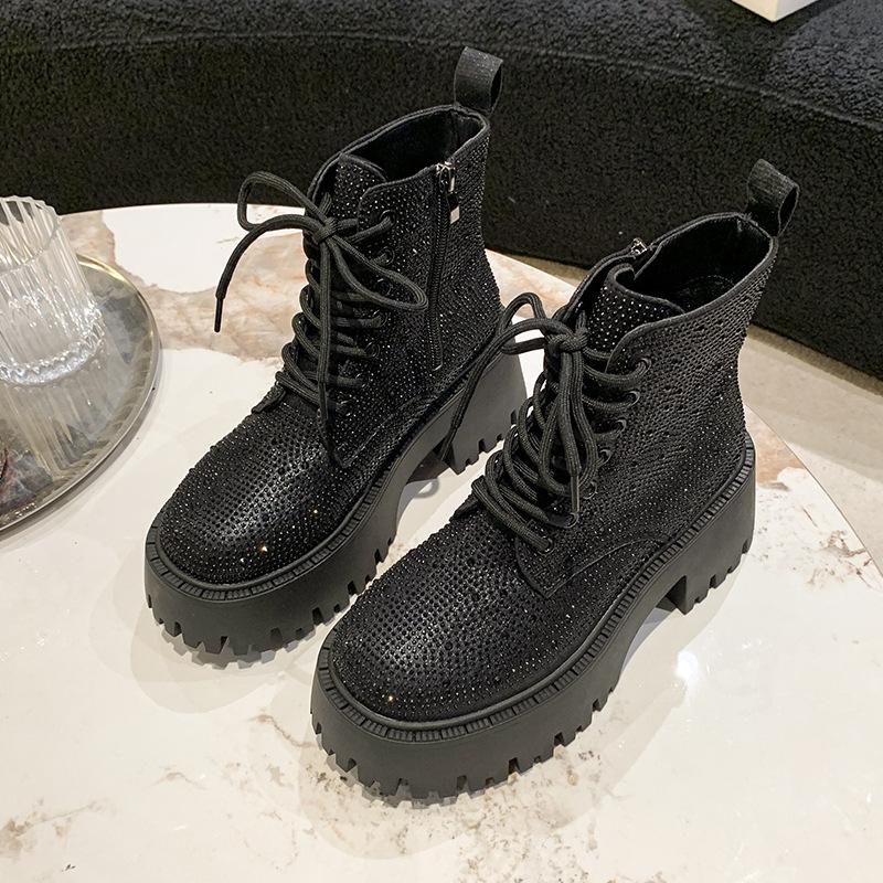 Shine Rhinestone Leather Casual Ankle Boots